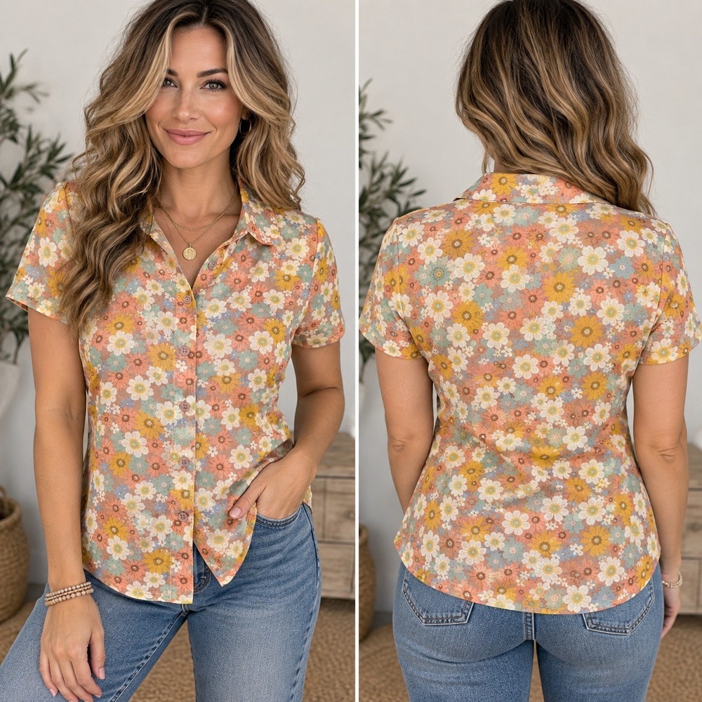 Belle Du Jour Shirt Floral Mesh Sheer Button Down Retro XL